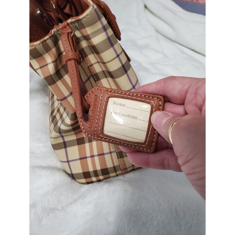 Liz Claiborne Plaid Shoulder Bag Brown Tan Purple Buckle Strap Handbag - Picture 6 of 13
